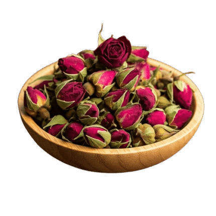 Dried rosebuds in a wooden bowl, featuring high-quality organic products for a natural health and wellness lifestyle.