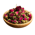 Dried rosebuds in a wooden bowl, featuring high-quality organic products for a natural health and wellness lifestyle.