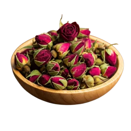 Dried rosebuds in a wooden bowl, featuring high-quality organic products for a natural health and wellness lifestyle.
