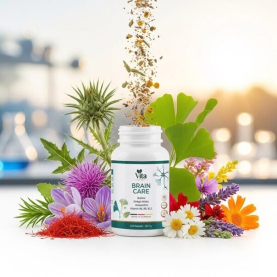 Vita Brain Care bottle with botanical herbs and falling seeds, organic products for a natural health wellness lifestyle