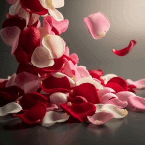 A scattered pile of dried pink and red rose petals, an organic product