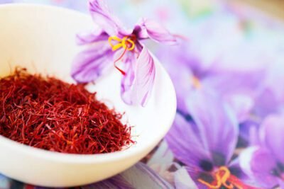Vibrant purple saffron flower with red stigmas, an organic product