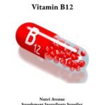 An illustration of a red and clear capsule labeled "B12" filled with small red B12 beads, with text reading "Vitamin B12" above and "Nutri Avenue Supplement Ingredients Supplier" below.
