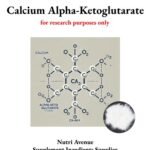 An educational product graphic for Calcium Alpha-Ketoglutarate by Nutri Avenue. The image features a detailed molecular diagram of the calcium-bonded anion, a small circular inset showing the white powder supplement, and the disclaimer "for research purposes only."