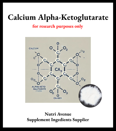 An educational product graphic for Calcium Alpha-Ketoglutarate by Nutri Avenue. The image features a detailed molecular diagram of the calcium-bonded anion, a small circular inset showing the white powder supplement, and the disclaimer "for research purposes only."