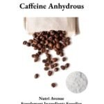 Caffeine Anhydrous powder shown next to a burlap bag of roasted coffee beans.