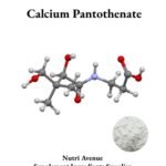 Product graphic for Calcium Pantothenate, featuring a 3D molecular structure model and a small inset image of the white supplement powder.