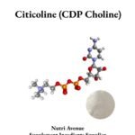 A molecular model and a circular sample of white Citicoline (CDP Choline) powder.