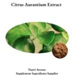 An image featuring the text "Citrus Aurantium Extract" at the top and "Nutri Avenue Supplement Ingredients Supplier" at the bottom. The center contains an oval cutout showing green bitter oranges on a branch, with a small circular inset showing a fine, light brown powder extract.