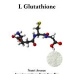 A 3D ball-and-stick molecular model of L-Glutathione, featuring a small circular inset showing the compound as a white powder. The text reads "L Glutathione" at the top and "Nutri Avenue Supplement Ingredients Supplier" at the bottom.